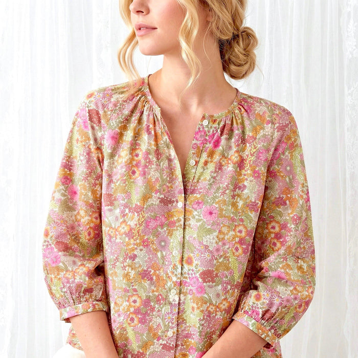 Liberty London Peasant Button-Up Blouse, Three-quarter Bishop Sleeves Shirt, Handcrafted Botanical Clothing, Sustainable Womenswear