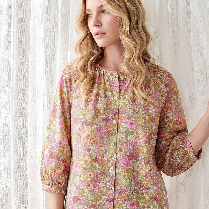 Liberty London Peasant Button-Up Blouse, Three-quarter Bishop Sleeves Shirt, Handcrafted Botanical Clothing, Sustainable Womenswear