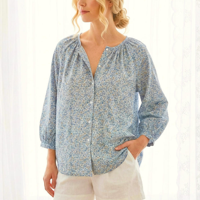 Liberty London Peasant Button-Up Blouse, Three-quarter Bishop Sleeves Shirt, Handcrafted Tailoring Clothing, Sustainable Womenswear