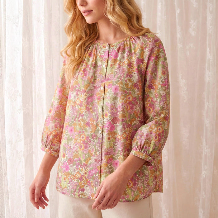 Liberty London Peasant Button-Up Blouse, Three-quarter Bishop Sleeves Shirt, Handcrafted Botanical Clothing, Sustainable Womenswear