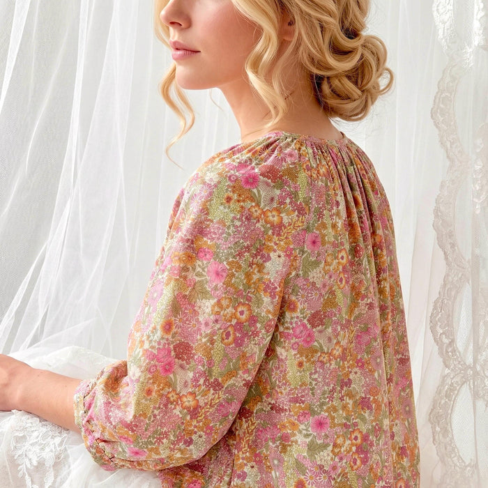 Liberty London Peasant Button-Up Blouse, Three-quarter Bishop Sleeves Shirt, Handcrafted Botanical Clothing, Sustainable Womenswear