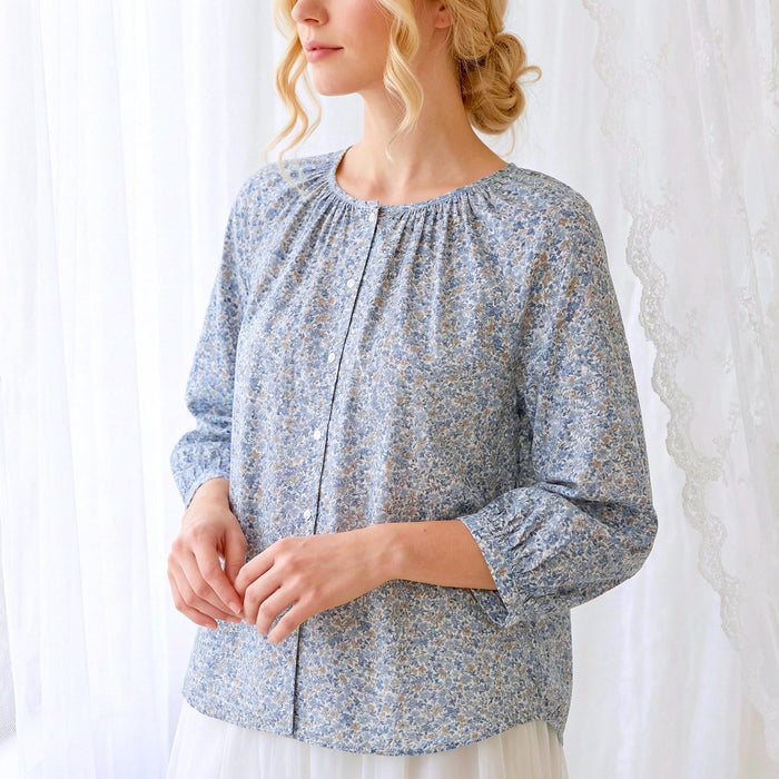 Liberty London Peasant Button-Up Blouse, Three-quarter Bishop Sleeves Shirt, Handcrafted Tailoring Clothing, Sustainable Womenswear