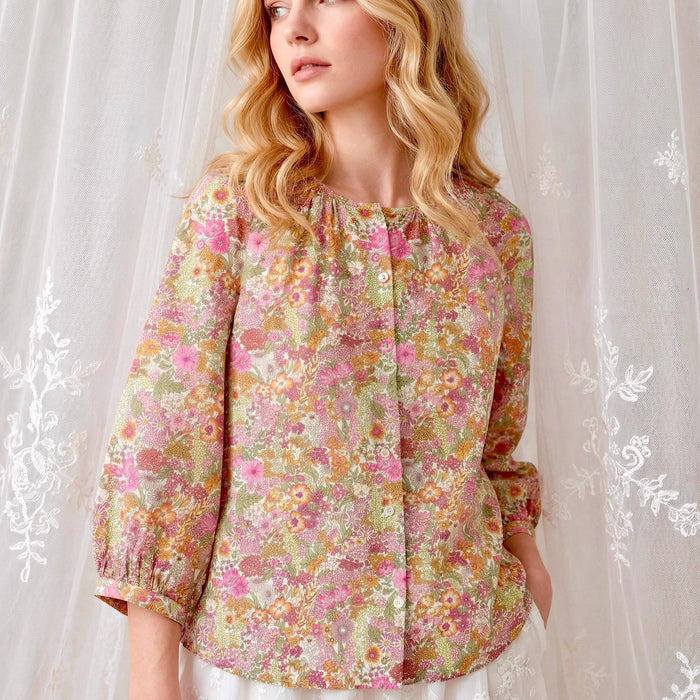 Liberty London Peasant Button-Up Blouse, Three-quarter Bishop Sleeves Shirt, Handcrafted Botanical Clothing, Sustainable Womenswear