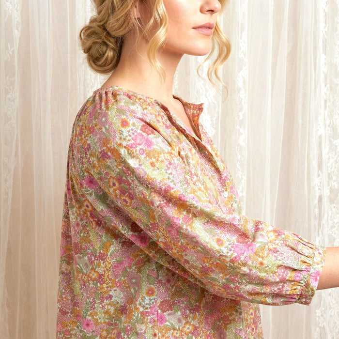 Liberty London Peasant Button-Up Blouse, Three-quarter Bishop Sleeves Shirt, Handcrafted Botanical Clothing, Sustainable Womenswear