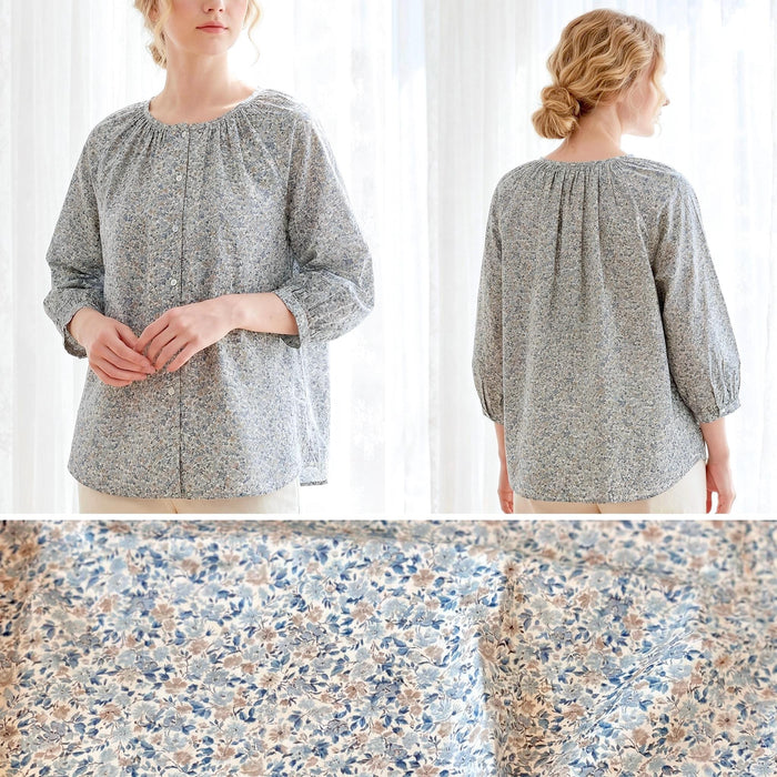 Liberty London Peasant Button-Up Blouse, Three-quarter Bishop Sleeves Shirt, Handcrafted Tailoring Clothing, Sustainable Womenswear