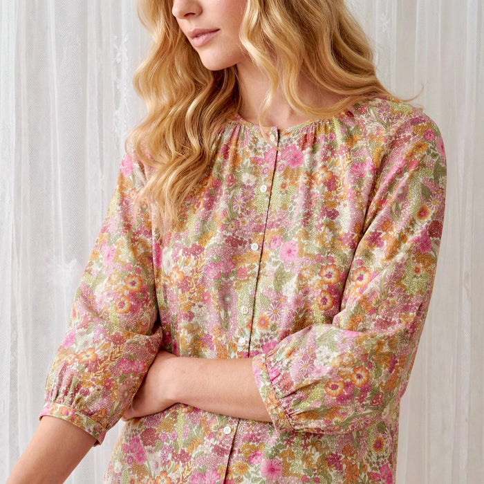 Liberty London Peasant Button-Up Blouse, Three-quarter Bishop Sleeves Shirt, Handcrafted Botanical Clothing, Sustainable Womenswear