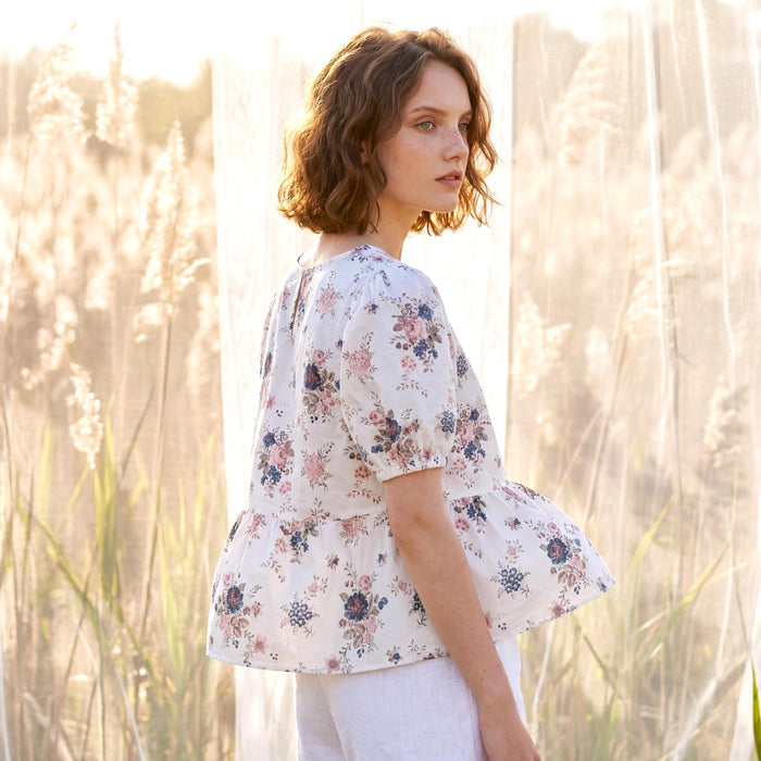 Liberty London Peplum Blouse, Handmade Botanical Sustainable Clothing, Puffed Short-sleeved Top, Personalised Tailoring Womenswear
