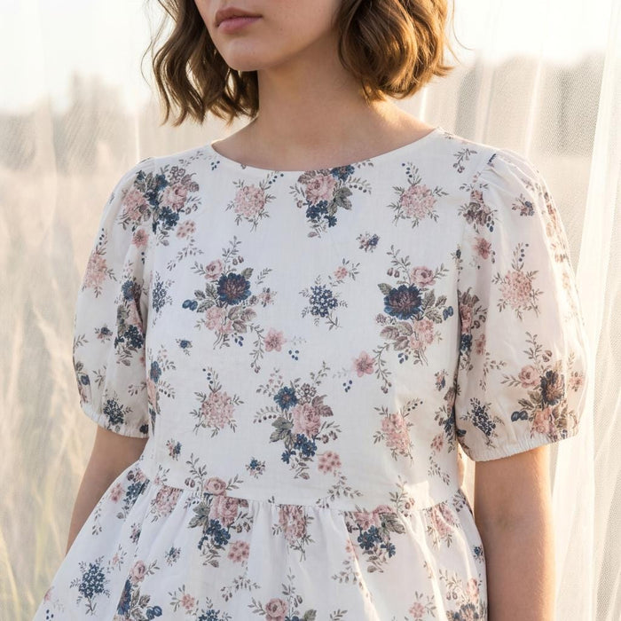Liberty London Peplum Blouse, Handmade Botanical Sustainable Clothing, Puffed Short-sleeved Top, Personalised Tailoring Womenswear