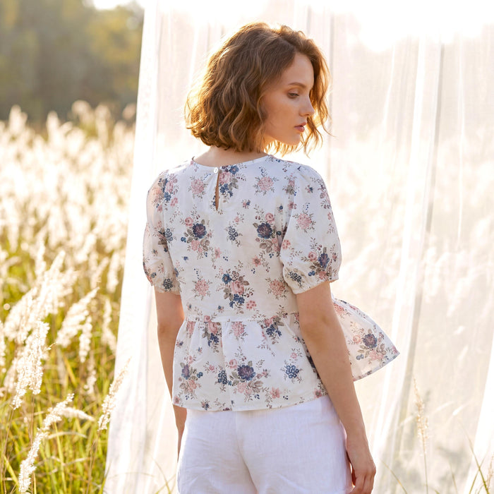 Liberty London Peplum Blouse, Handmade Botanical Sustainable Clothing, Puffed Short-sleeved Top, Personalised Tailoring Womenswear
