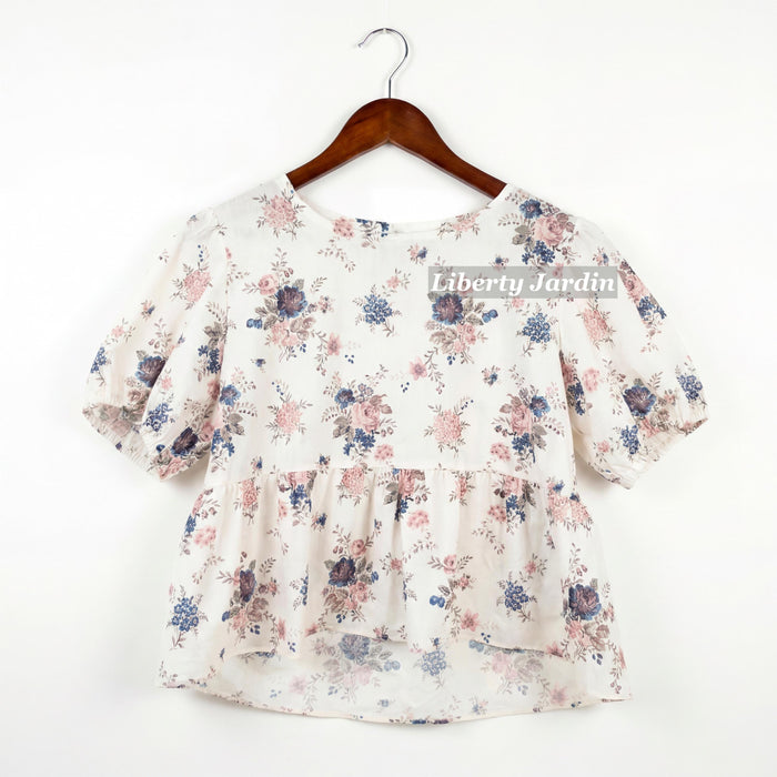 Liberty London Peplum Blouse, Handmade Botanical Sustainable Clothing, Puffed Short-sleeved Top, Personalised Tailoring Womenswear