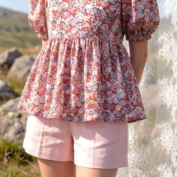 Liberty London Peplum Blouse, Square Neck Short-sleeved Top, Handmade Sustainable Cotton Clothing, Personalised Womenswear