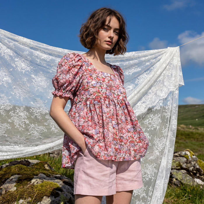 Liberty London Peplum Blouse, Square Neck Short-sleeved Top, Handmade Sustainable Cotton Clothing, Personalised Womenswear