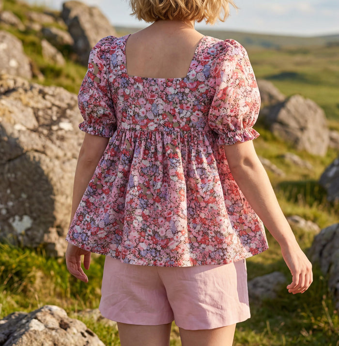 Liberty London Peplum Blouse, Square Neck Short-sleeved Top, Handmade Sustainable Cotton Clothing, Personalised Womenswear