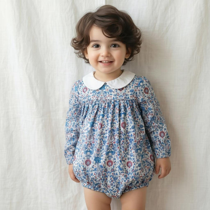 Liberty London Personalised Bubble Playsuit, Long-sleeved Collared Tailoring Romper, Sustainable Handcrafted Timeless Children Clothing