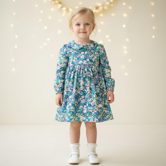 Liberty London Peter Pan Collar Long Sleeves Dress, Green Blue Floral Print Handmade Dress