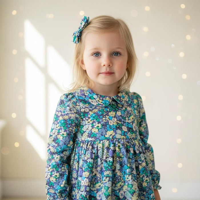 Liberty London Peter Pan Collar Long Sleeves Dress, Green Blue Floral Print Handmade Dress
