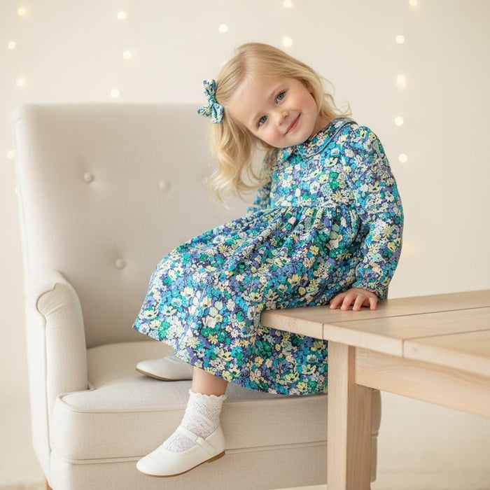 Liberty London Peter Pan Collar Long Sleeves Dress, Green Blue Floral Print Handmade Dress