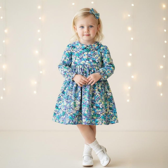 Liberty London Peter Pan Collar Long Sleeves Dress, Green Blue Floral Print Handmade Dress