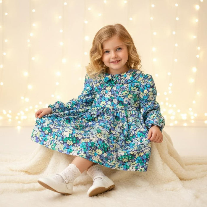 Liberty London Peter Pan Collar Long Sleeves Dress, Green Blue Floral Print Handmade Dress
