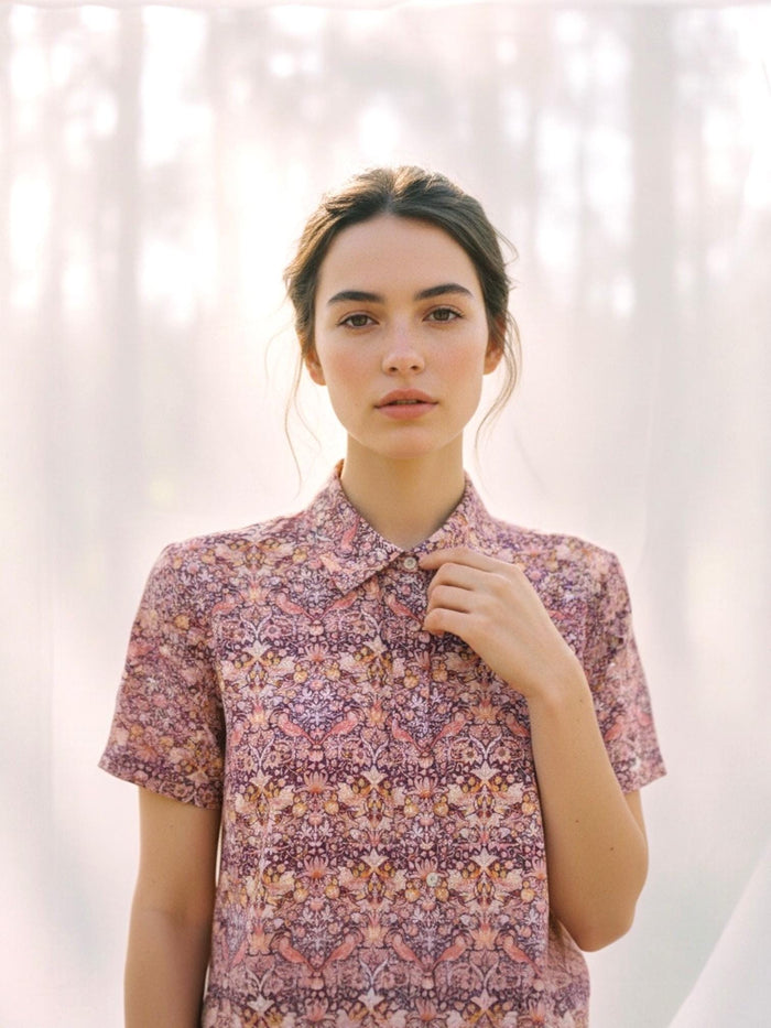 Liberty London Peter Pan Collar Short Sleeves Blouse, Handmade Purple Strawberry Thief Print Top