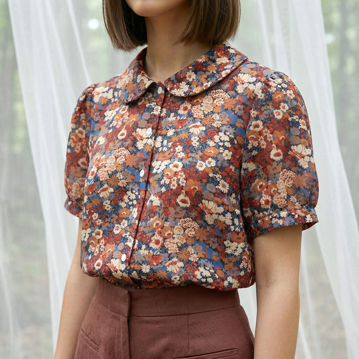 Liberty London Peter-Pan Collared Blouse, Floral-print Cotton Puffed-sleeves Button-up Shirt, Handmade Botanical Cotton Womenswear