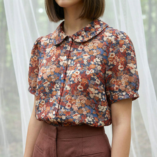 Liberty London Peter-Pan Collared Blouse, Floral-print Cotton Puffed-sleeves Button-up Shirt, Handmade Botanical Cotton Womenswear