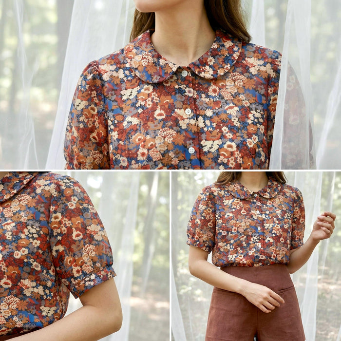 Liberty London Peter-Pan Collared Blouse, Floral-print Cotton Puffed-sleeves Button-up Shirt, Handmade Botanical Cotton Womenswear
