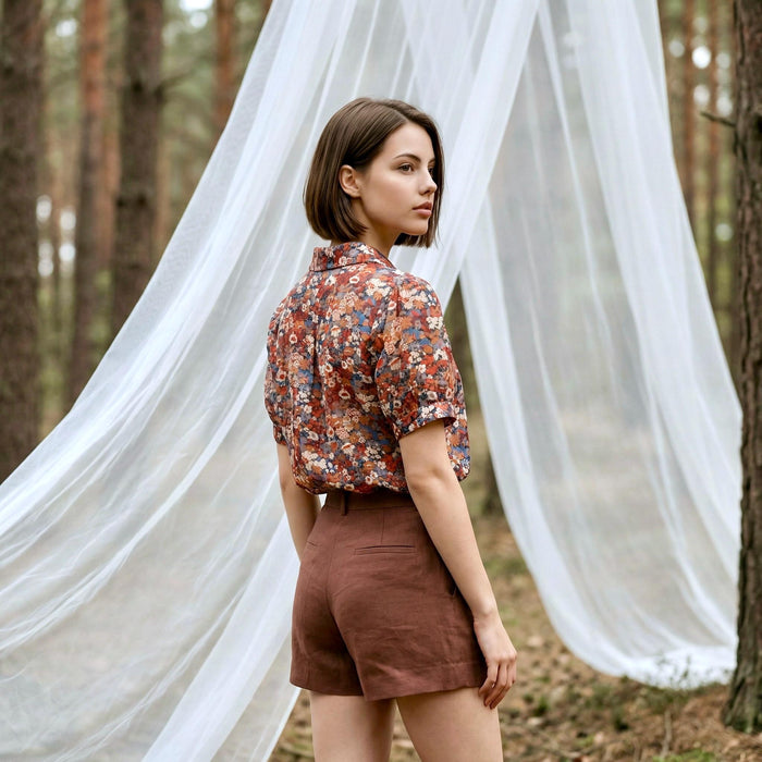 Liberty London Peter-Pan Collared Blouse, Floral-print Cotton Puffed-sleeves Button-up Shirt, Handmade Botanical Cotton Womenswear