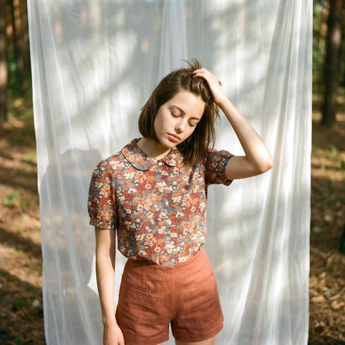 Liberty London Peter-Pan Collared Blouse, Floral-print Cotton Puffed-sleeves Button-up Shirt, Handmade Botanical Cotton Womenswear