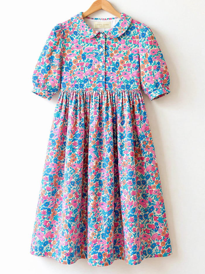 Liberty London Peter-Pan Collared Button-up Puffed Short-sleeved Shirtdress, Handmade Sustainable Womenswear, Botanical Cotton Clothing