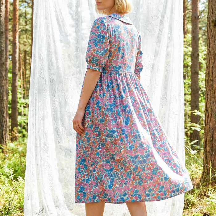 Liberty London Peter-Pan Collared Button-up Puffed Short-sleeved Shirtdress, Handmade Sustainable Womenswear, Botanical Cotton Clothing