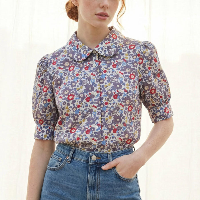 Liberty London Peter Pan Collared Handmade Chemise, Button-up Botanical Personalised Shirt, Minimalist Versatile Clothing