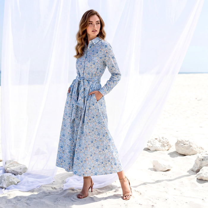 Liberty London Peter Pan Collared Long-sleeved Shirtdress, Personalised Handmade Sustainable Clothing, Botanical Lightweight Womenswear