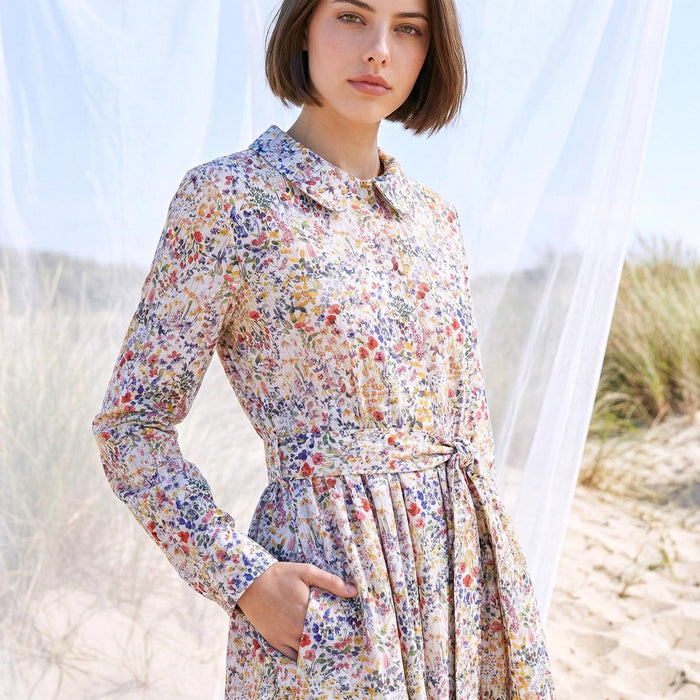 Liberty London Peter Pan Collared Long-sleeved Shirtdress, Personalised Handmade Sustainable Clothing, Botanical Lightweight Womenswear