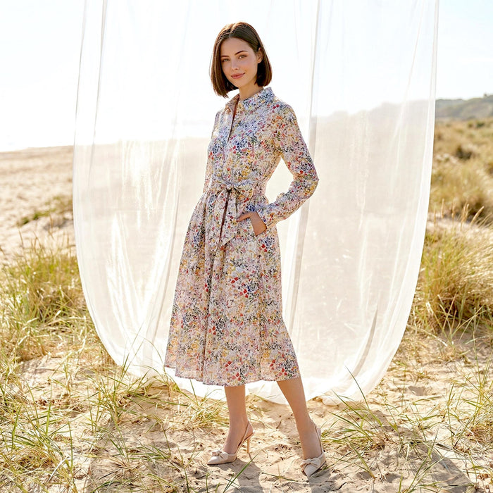 Liberty London Peter Pan Collared Long-sleeved Shirtdress, Personalised Handmade Sustainable Clothing, Botanical Lightweight Womenswear