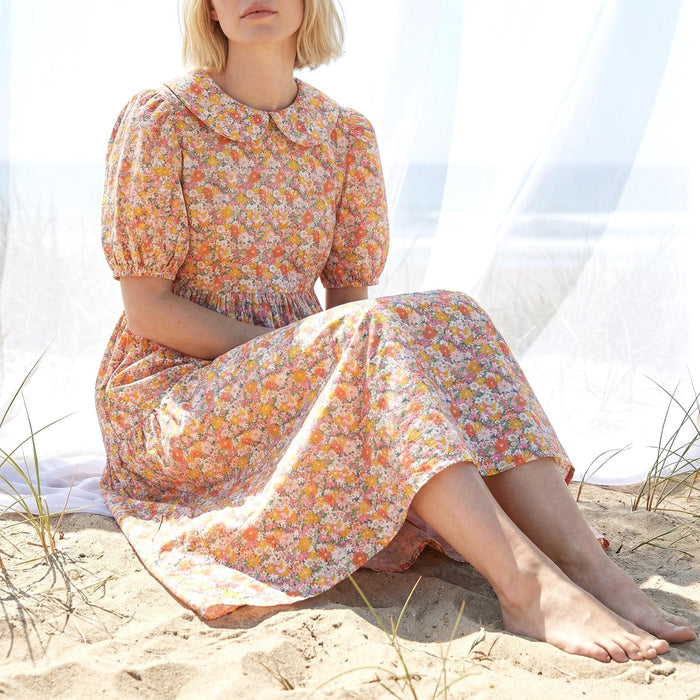 Liberty London Peter-Pan Collared Loose-fit Puffed Short-sleeved Dress, Handmade Sustainable Womenswear, Botanical Cotton Clothing