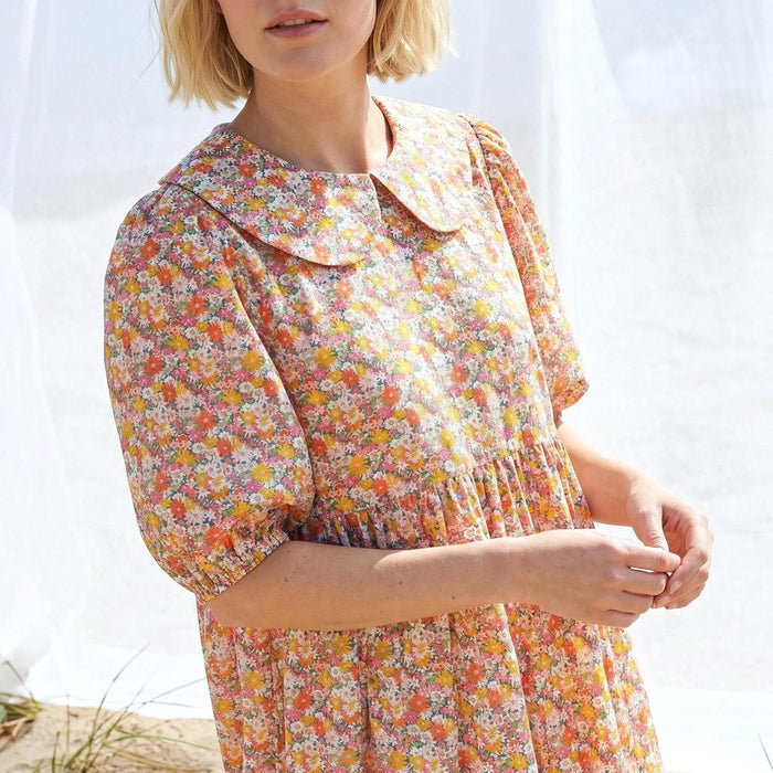 Liberty London Peter-Pan Collared Loose-fit Puffed Short-sleeved Dress, Handmade Sustainable Womenswear, Botanical Cotton Clothing