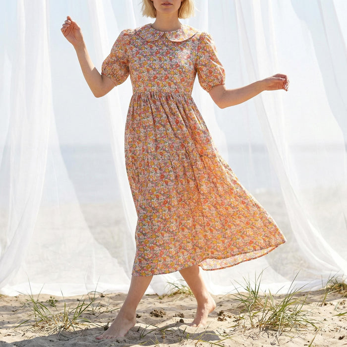 Liberty London Peter-Pan Collared Loose-fit Puffed Short-sleeved Dress, Handmade Sustainable Womenswear, Botanical Cotton Clothing