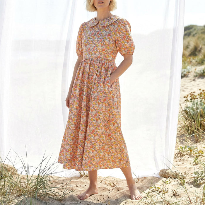 Liberty London Peter-Pan Collared Loose-fit Puffed Short-sleeved Dress, Handmade Sustainable Womenswear, Botanical Cotton Clothing