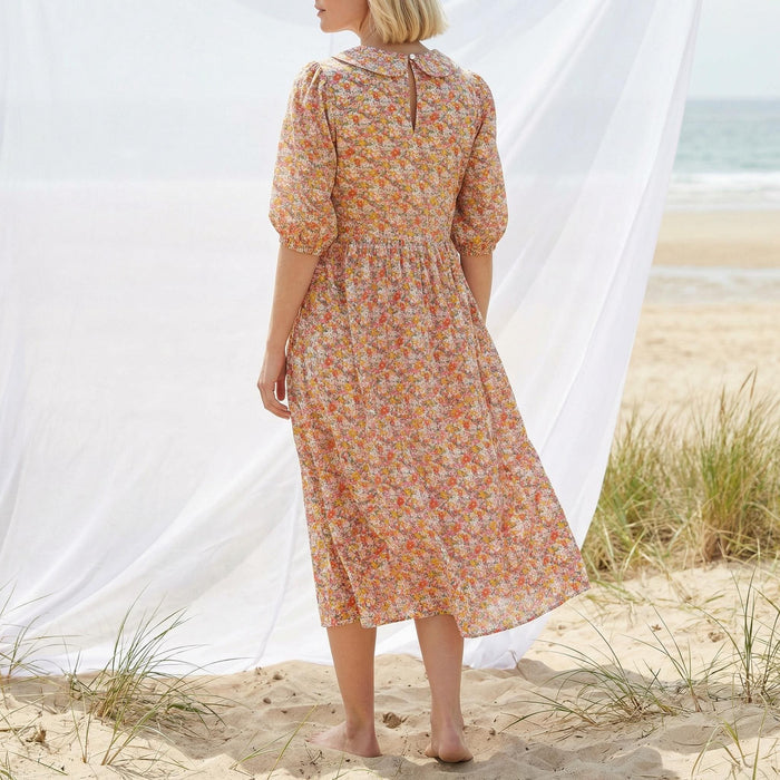 Liberty London Peter-Pan Collared Loose-fit Puffed Short-sleeved Dress, Handmade Sustainable Womenswear, Botanical Cotton Clothing