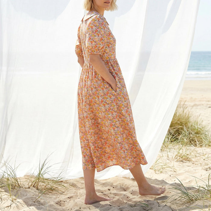 Liberty London Peter-Pan Collared Loose-fit Puffed Short-sleeved Dress, Handmade Sustainable Womenswear, Botanical Cotton Clothing