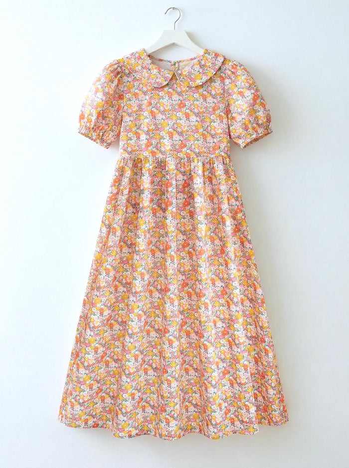 Liberty London Peter-Pan Collared Loose-fit Puffed Short-sleeved Dress, Handmade Sustainable Womenswear, Botanical Cotton Clothing