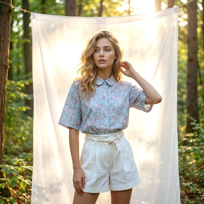 Liberty London Peter-Pan Collared Shirt, Kimono Half-sleeved Blouse, Floral-Print Cotton Button-Up Chemise, Handmade Womenswear