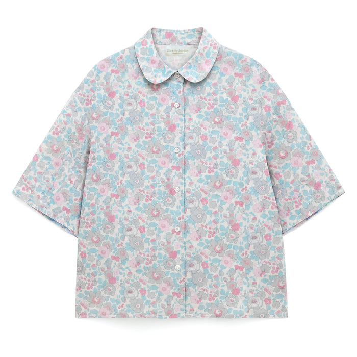 Liberty London Peter-Pan Collared Shirt, Kimono Half-sleeved Blouse, Floral-Print Cotton Button-Up Chemise, Handmade Womenswear