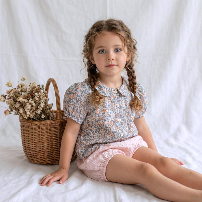 Liberty London Peter-Pan Collared Short-Sleeved Blouse, Handmade Button-up Shirt, Sustainable Ethical Children-wear, Floral Top