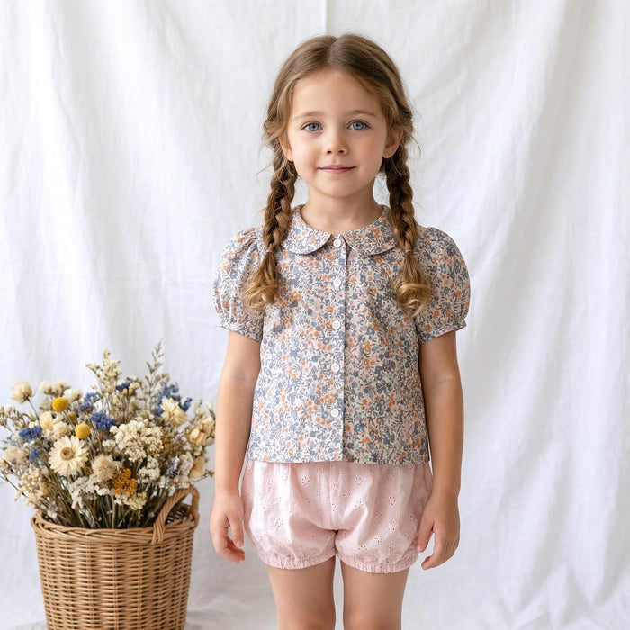 Liberty London Peter-Pan Collared Short-Sleeved Blouse, Handmade Button-up Shirt, Sustainable Ethical Children-wear, Floral Top
