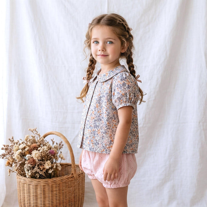 Liberty London Peter-Pan Collared Short-Sleeved Blouse, Handmade Button-up Shirt, Sustainable Ethical Children-wear, Floral Top