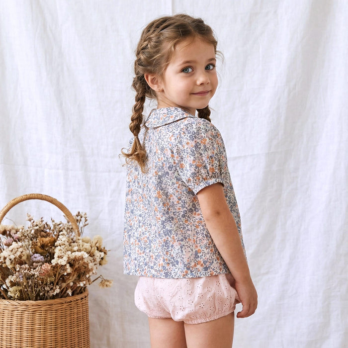 Liberty London Peter-Pan Collared Short-Sleeved Blouse, Handmade Button-up Shirt, Sustainable Ethical Children-wear, Floral Top