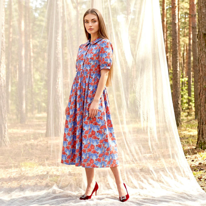 Liberty London Peter-Pan Collared Short-sleeved Dress, Handmade Sustainable Womenswear, Personalised Versatile Cotton Botanical Clothing