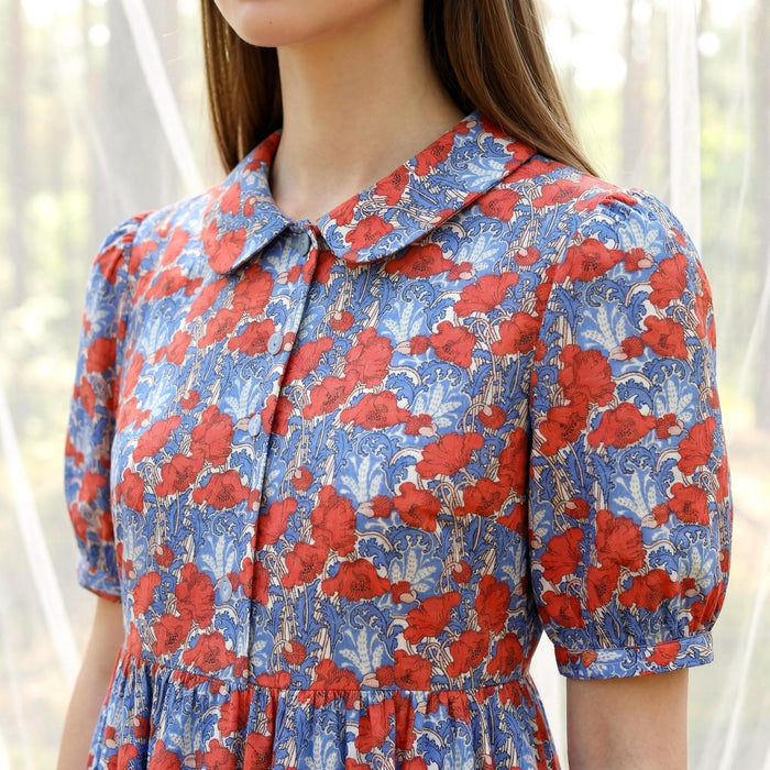 Liberty London Peter-Pan Collared Short-sleeved Dress, Handmade Sustainable Womenswear, Personalised Versatile Cotton Botanical Clothing